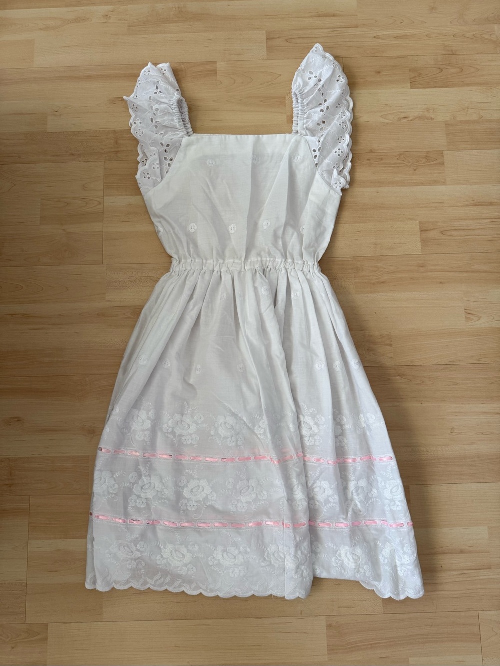 White Eyelet Sundress with Flower and Pink Ribbon Accents - Picture 10 of 10